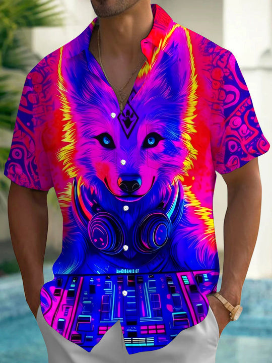 Cyber Colorful Neon DJ Fox Mixer Men's Pocket Short Sleeve Shirts