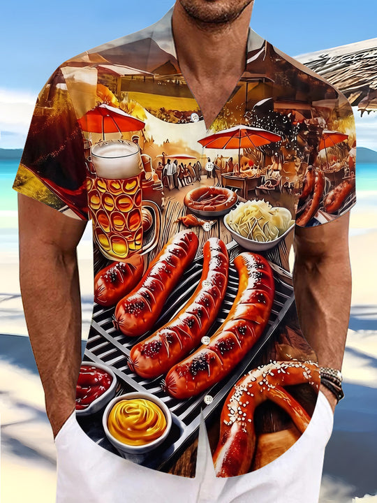 Delicious Beer Sausage Food Outdoor Barbecue Men's Pocket Short Sleeve Shirts