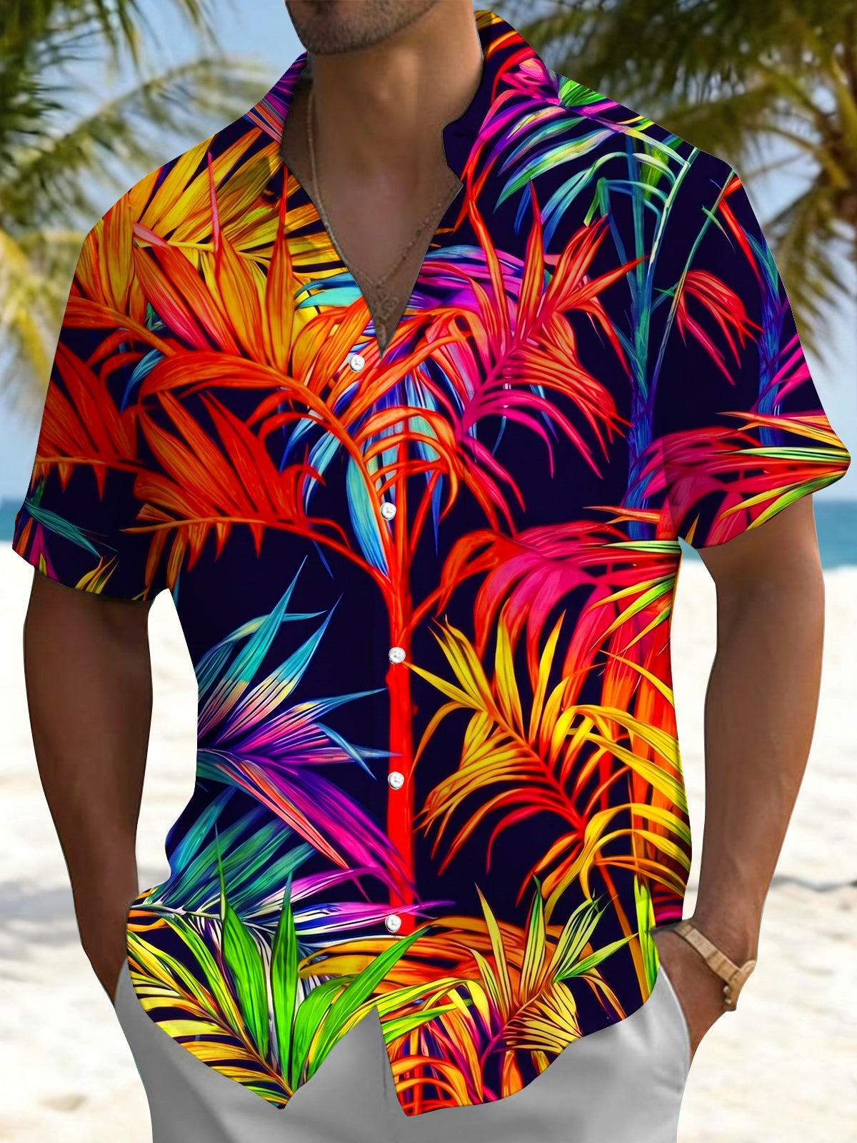Hawaiian Colorful Neon Gradient Palm Leaves Men's Pocket Short Sleeve Shirts