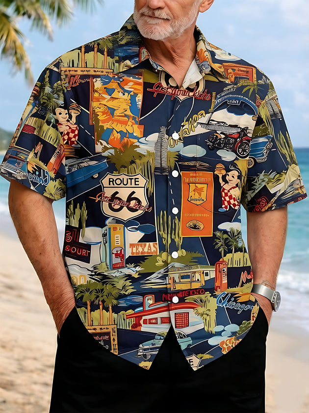 American Route 66 Car Road Trip Collage Men's Pocket Short Sleeve Shirts