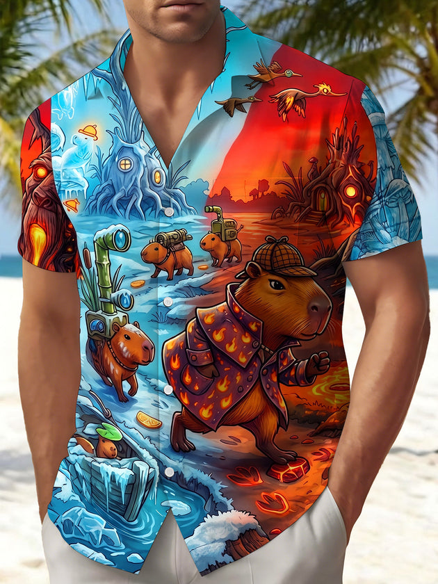 Fun Ice Fire Dual-Sided Detective Capybara Cartoon Fantasy Men's Pocket Short Sleeve Shirts