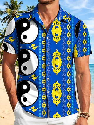 Geometric Yin Yang Bagua Auspicious Clouds Men's Pocket Short Sleeve Shirts