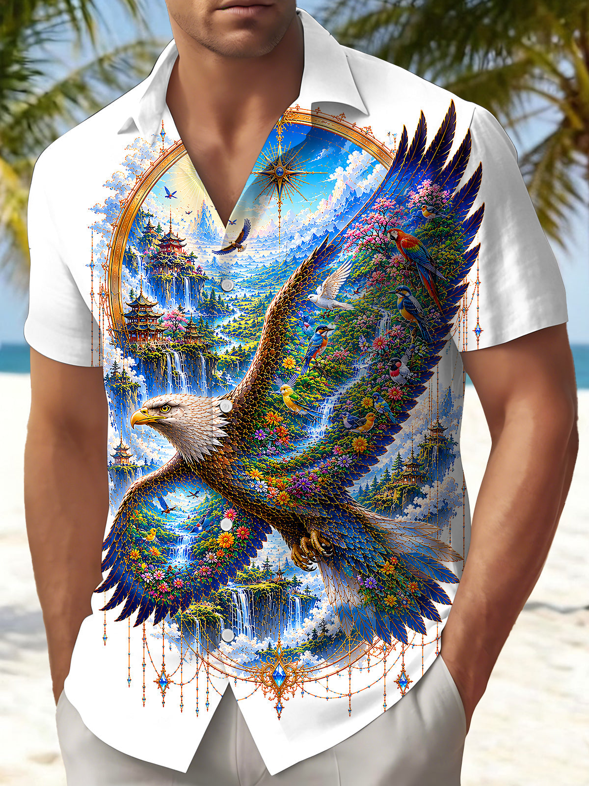 Landscape Scenery Pavilion Bald Eagle Flower Bird Fairyland Art Golden Gilded Men's Pocket Short Sleeve Shirts