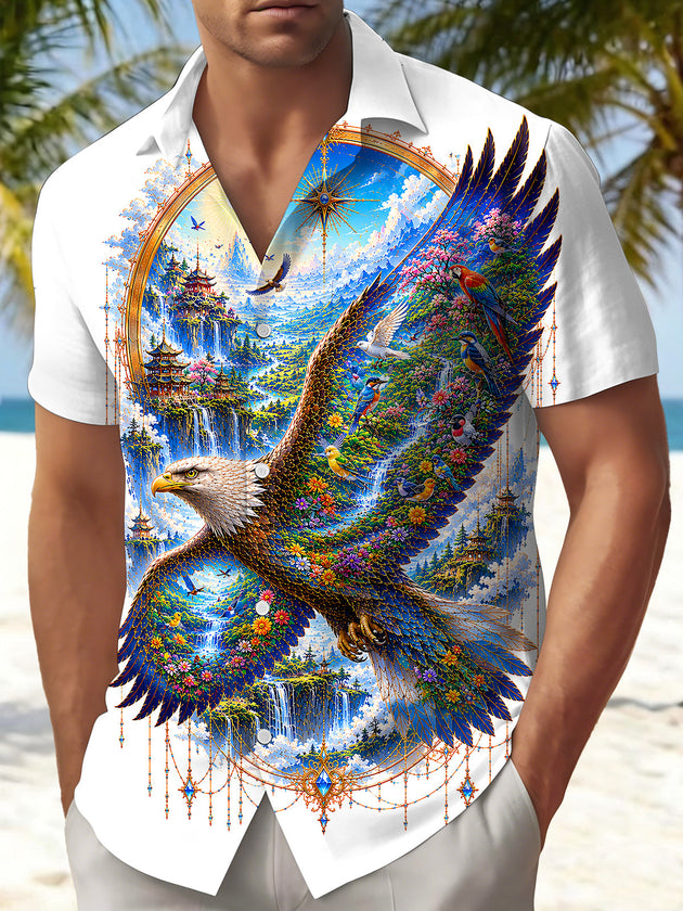 Landscape Scenery Pavilion Bald Eagle Flower Bird Fairyland Art Golden Gilded Men's Pocket Short Sleeve Shirts