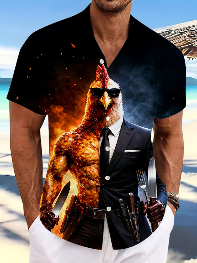 Dark Fun Flame Muscular Suit Rooster Chef Knives Men's Pocket Short Sleeve Shirts