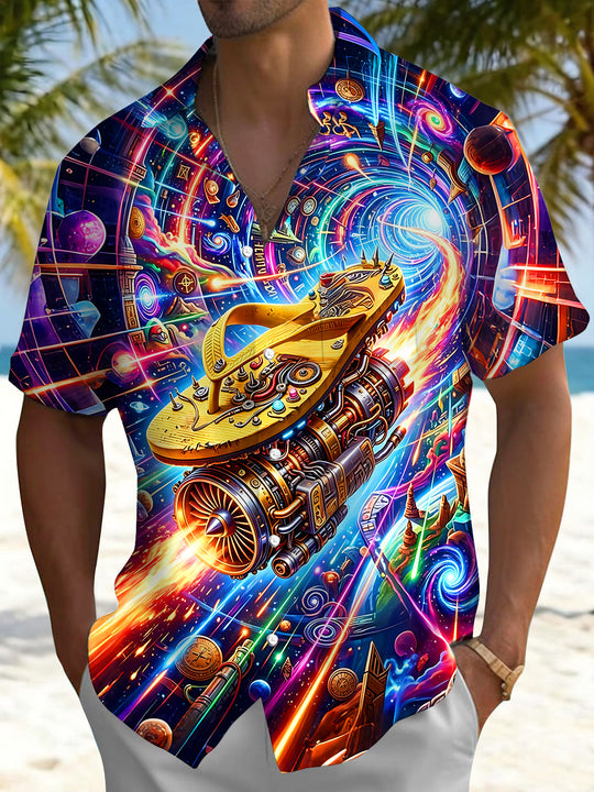 Cyber Universe Mechanical Flip Flop Colorful Time Vortex Sci-Fi Men's Pocket Short Sleeve Shirts
