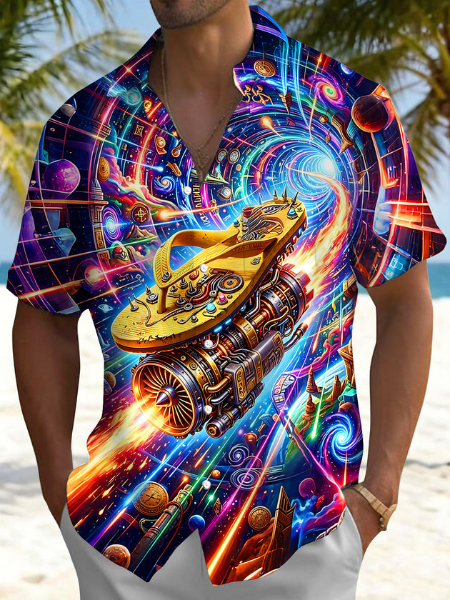 Cyber Universe Mechanical Flip Flop Colorful Time Vortex Sci-Fi Men's Pocket Short Sleeve Shirts