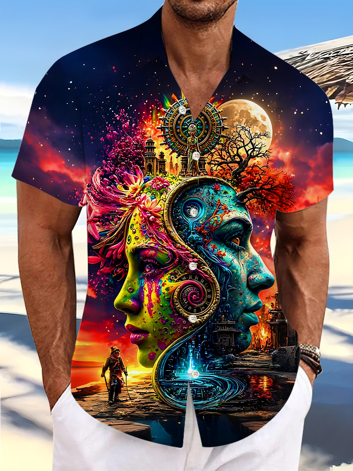 Dark Yin Yang Double Face Mayan Totem Full Moon Psychedelic Gradient Human Face Men's Pocket Short Sleeve Shirts