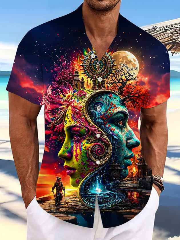 Dark Yin Yang Double Face Mayan Totem Full Moon Psychedelic Gradient Human Face Men's Pocket Short Sleeve Shirts