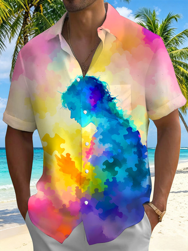 Colorful Tie-Dye Gradient Puzzle Character Silhouette Healing Men's Pocket Short Sleeve Shirts