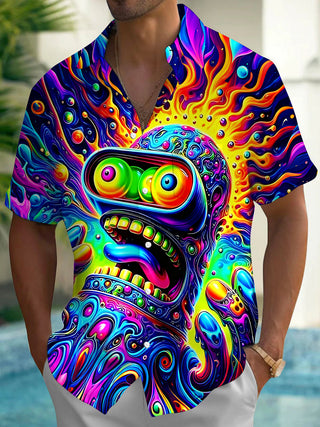 Adaychic Men's Graphic Abstract Psychedelic Monster Face Print Short Sleeve Button Down Shirt with Chest Pocket
