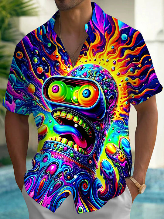 Psychedelic Colorful Abstract Fluid Neon Cartoon Weird-Eyed Creature Men's Pocket Short Sleeve Shirts