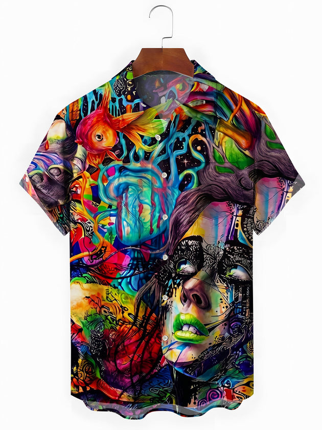 Art Psychedelic Abstract Goldfish Portrait Graffiti Men's Pocket Short Sleeve Shirts