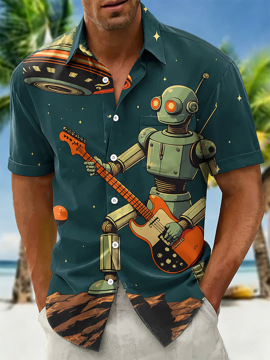Retro Fun Rock Music Space Robot Men's Pocket Short Sleeve Shirts