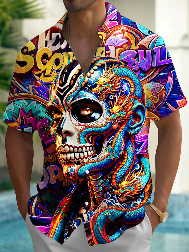Fun Street Graffiti Dragon Pattern Skull Men's Pocket Short Sleeve Shirts