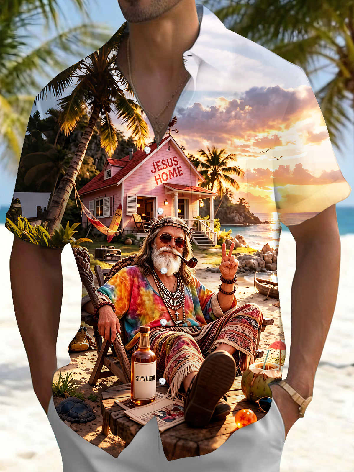 Fun Hawaiian Jesus Beach Vacation Men's Pocket Short Sleeve Shirts