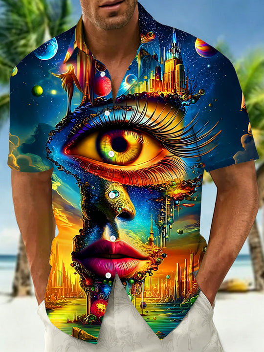 Dark Abstract Surreal Starry Giant Eye City Men's Pocket Short Sleeve Shirts