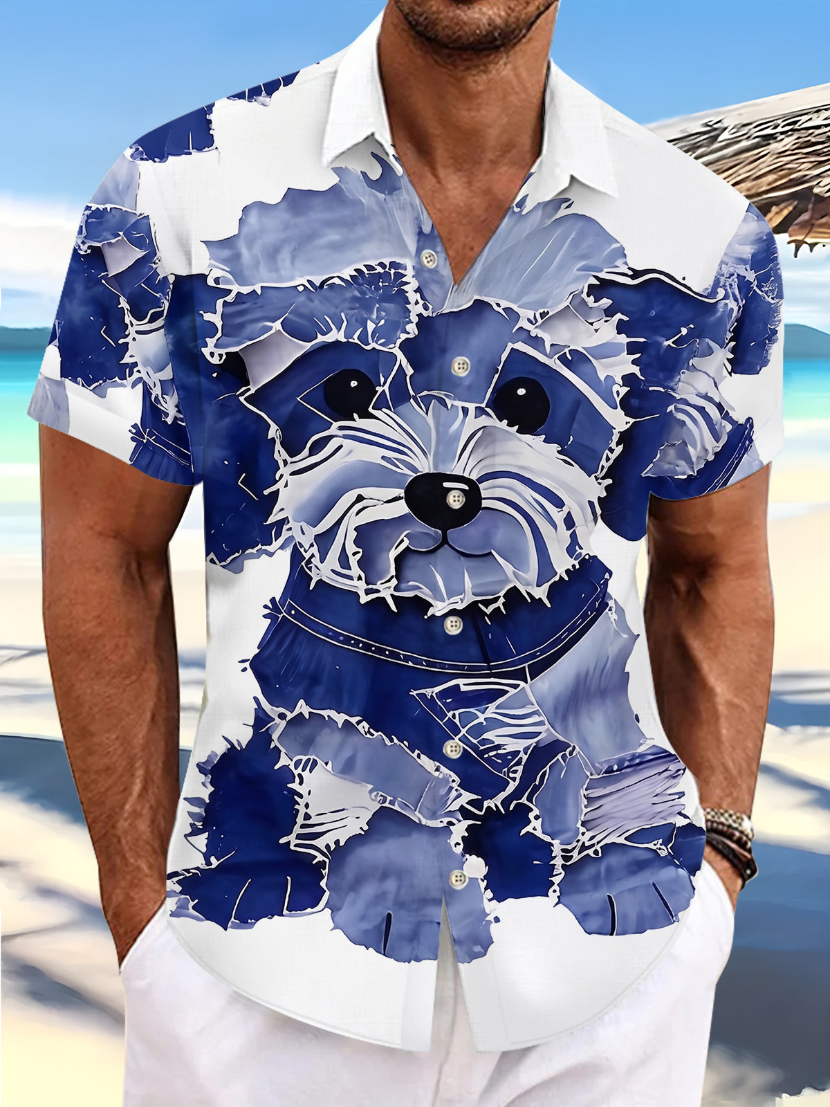 Fun Ink Wash Blue Schnauzer Puppy Dog Men's Pocket Short Sleeve Shirts