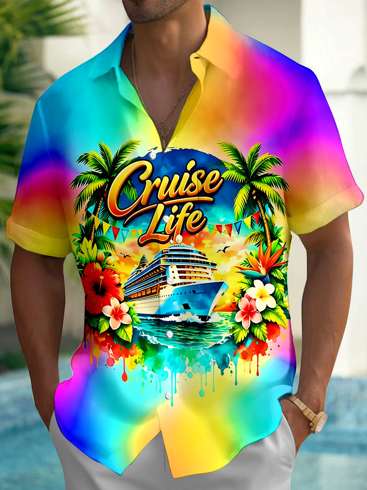 Hawaiian Colorful Tie-Dye Cruise Tropical Vacation Men's Pocket Short Sleeve Shirts