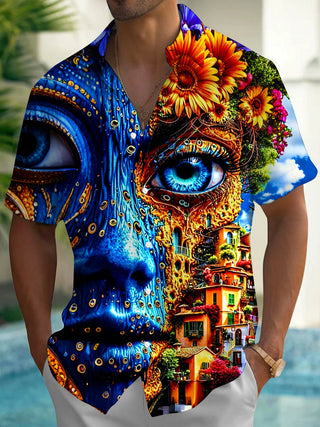 Adaychic Men's Graphic 3D Surreal Face Sunflower Village Print Short Sleeve Button Down Shirt with Chest Pocket