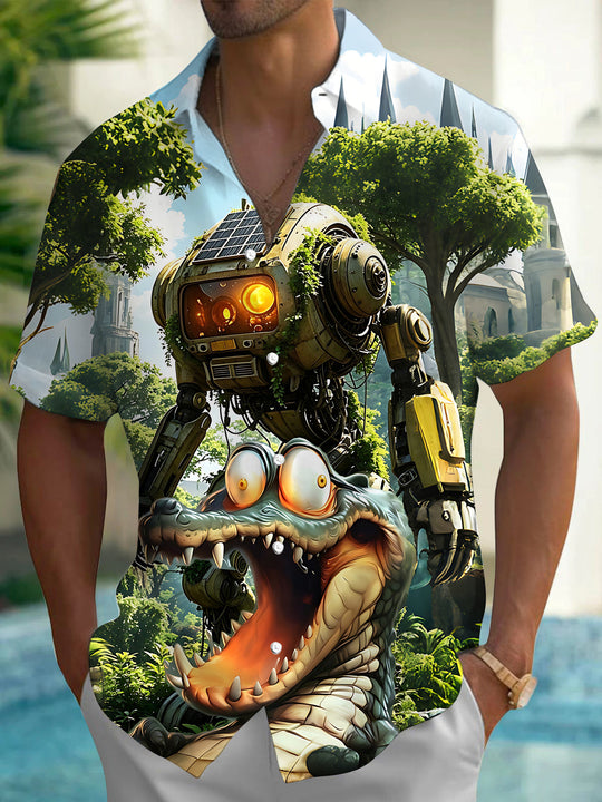 Fun Jungle Mechanical Crocodile Robot Men's Pocket Short Sleeve Shirts