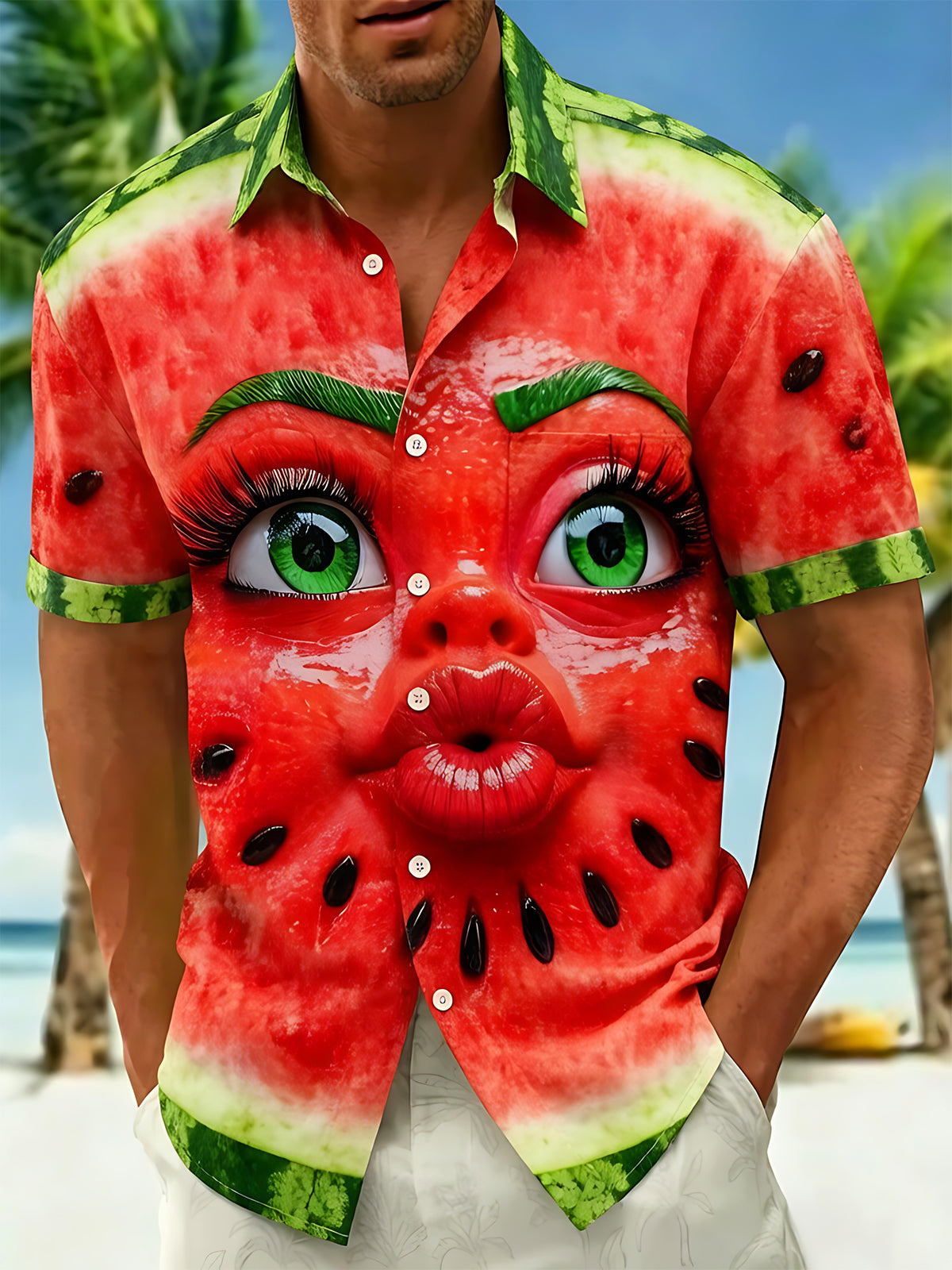 Fun Hawaiian Anthropomorphic Watermelon Fruit Face Men's Pocket Short Sleeve Shirts