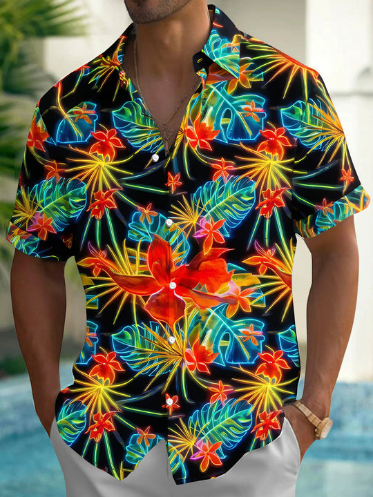 Hawaiian Colorful Neon Tropical Flower And Leaf Men's Pocket Short Sleeve Shirts
