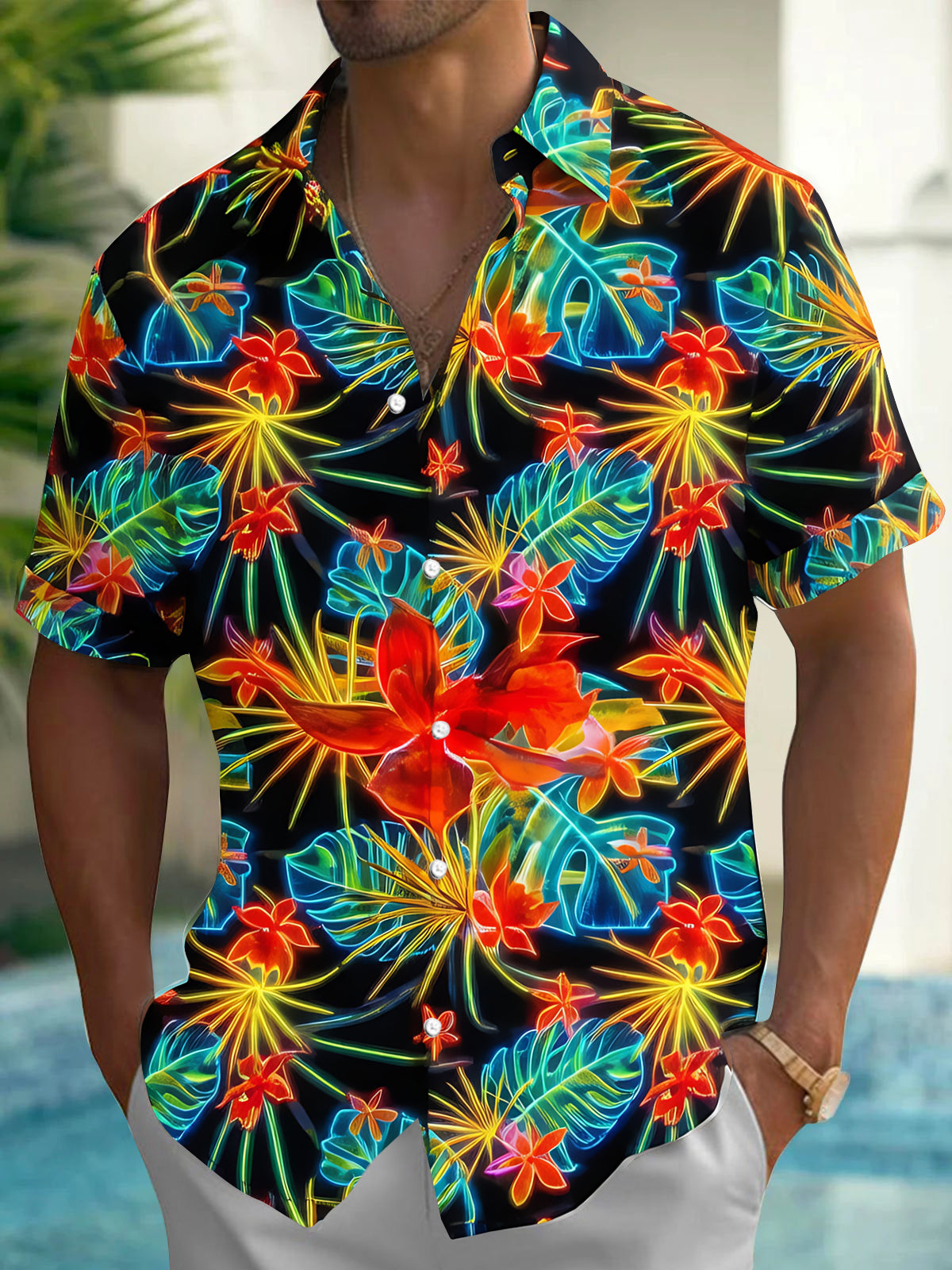 Hawaiian Colorful Neon Tropical Flower And Leaf Men's Pocket Short Sleeve Shirts