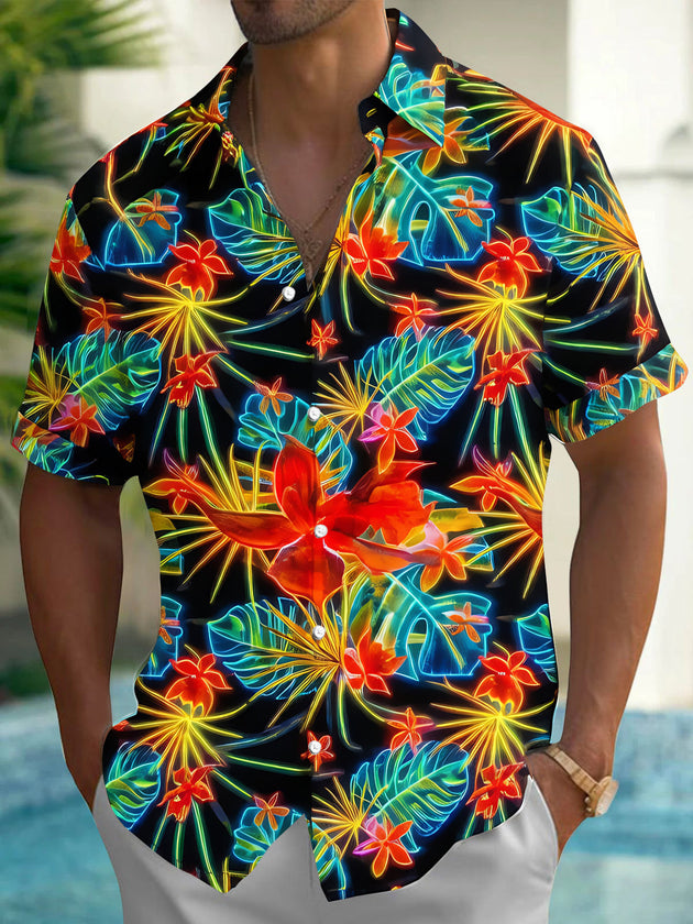 Hawaiian Colorful Neon Tropical Flower And Leaf Men's Pocket Short Sleeve Shirts
