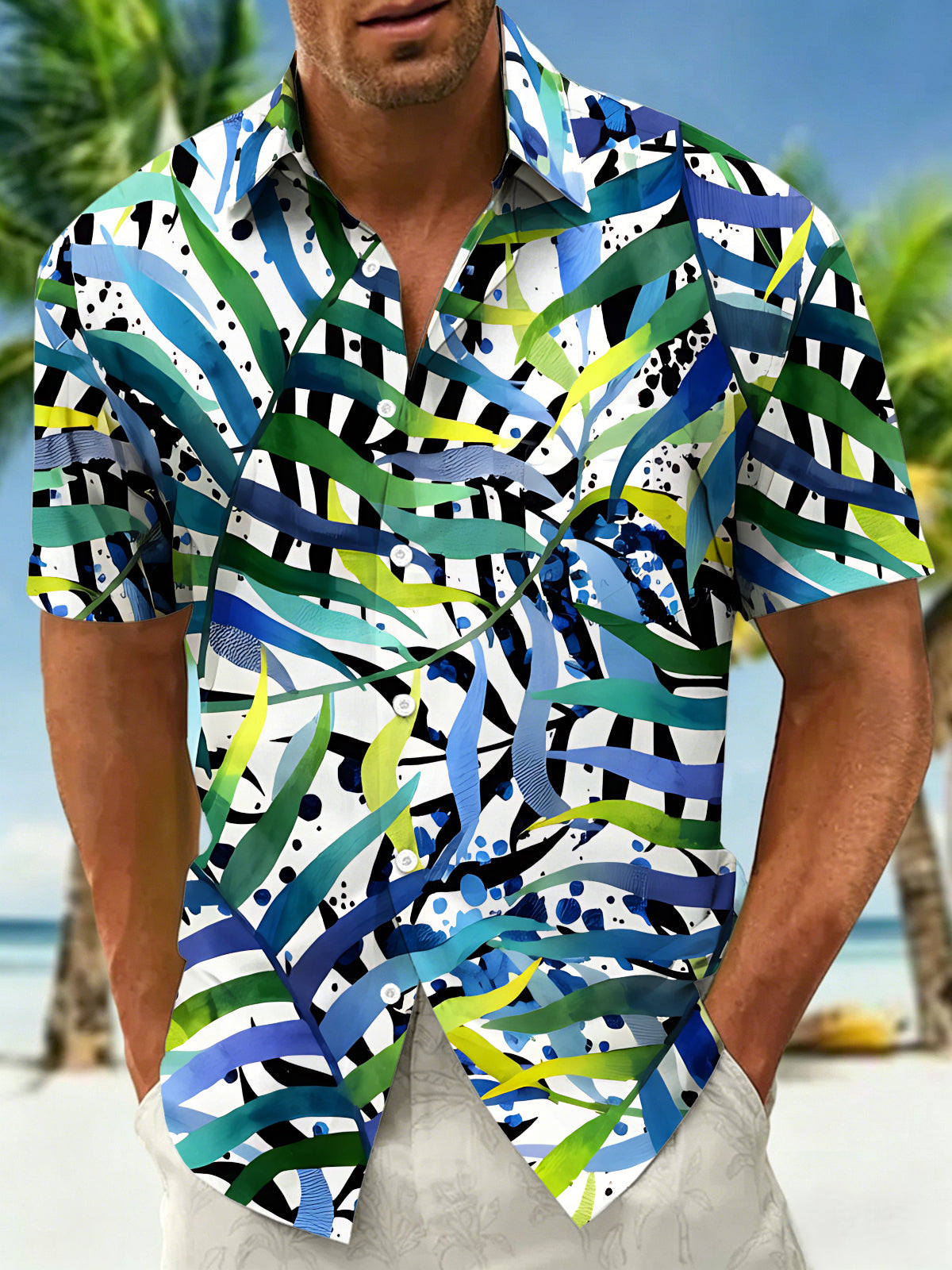 Hawaiian Geometric Watercolor Tropical Leaves Men's Pocket Short Sleeve Shirts