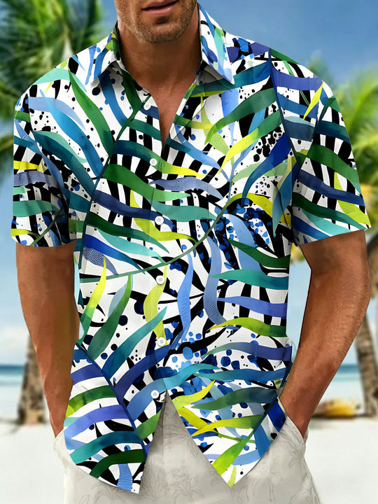 Hawaiian Geometric Watercolor Tropical Leaves Men's Pocket Short Sleeve Shirts