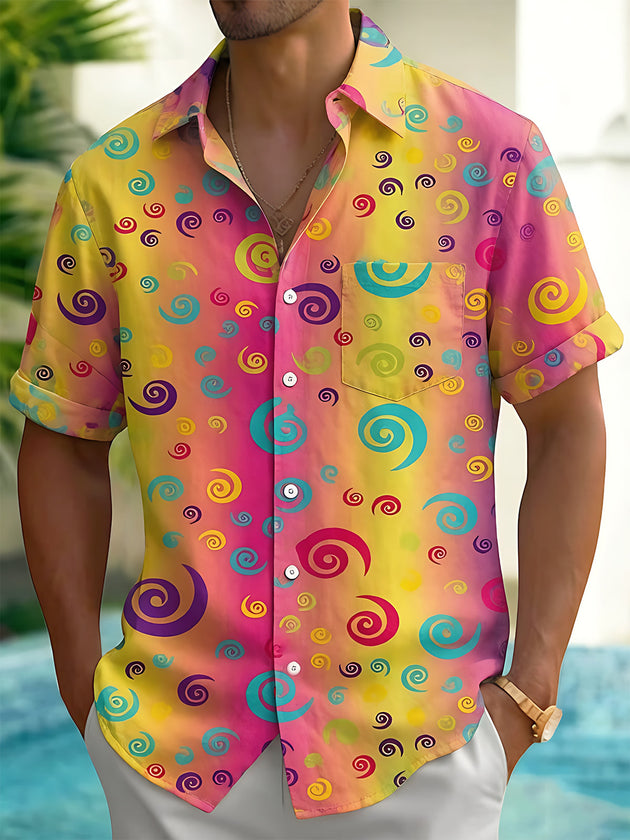 Hawaiian Gradient Colorful Geometric Abstract Spiral Pattern Men's Pocket Short Sleeve Shirts
