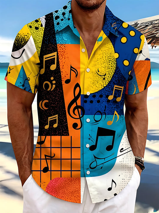 Contrast Colorful Geometric Music Notes Men's Pocket Short Sleeve Shirts