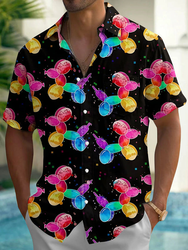 Dazzling Colorful Balloon Puppy Dog Men's Pocket Short Sleeve Shirts