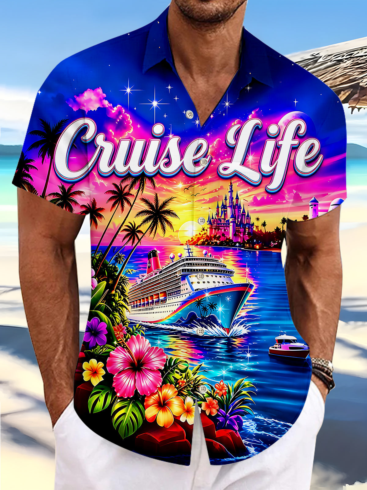 Dazzling Colorful Starry Cruise Vacation Castle Men's Pocket Short Sleeve Shirts