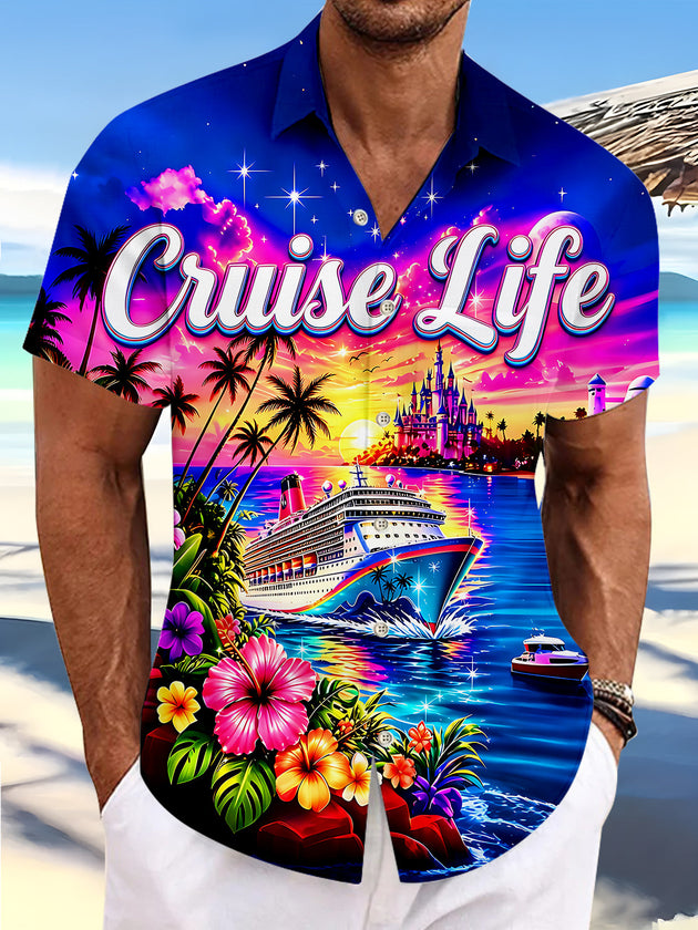 Dazzling Colorful Starry Cruise Vacation Castle Men's Pocket Short Sleeve Shirts
