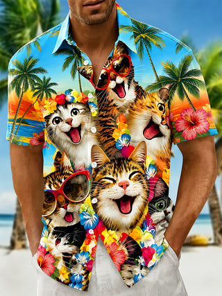 Adaychic Men's Hawaiian Floral Cat Tropical Print Short Sleeve Button Down Shirt with Chest Pocket