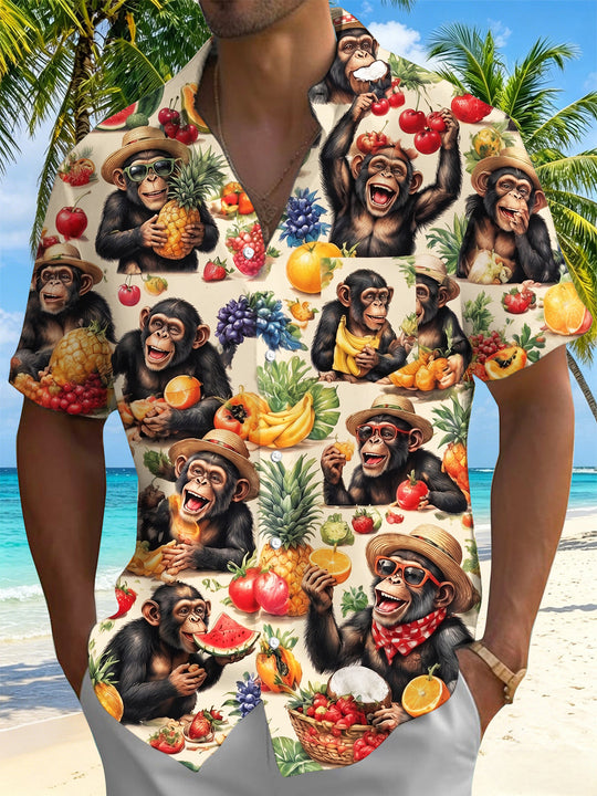 Fun Hawaiian Tropical Fruit Orangutan Men's Pocket Short Sleeve Shirts