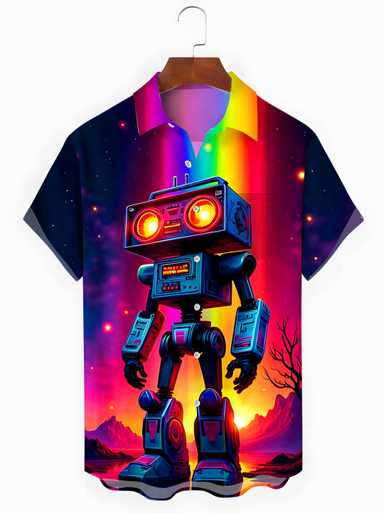 Neon Colorful Space Radio Robot Men's Pocket Short Sleeve Shirts