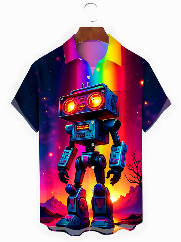 Neon Colorful Space Radio Robot Men's Pocket Short Sleeve Shirts