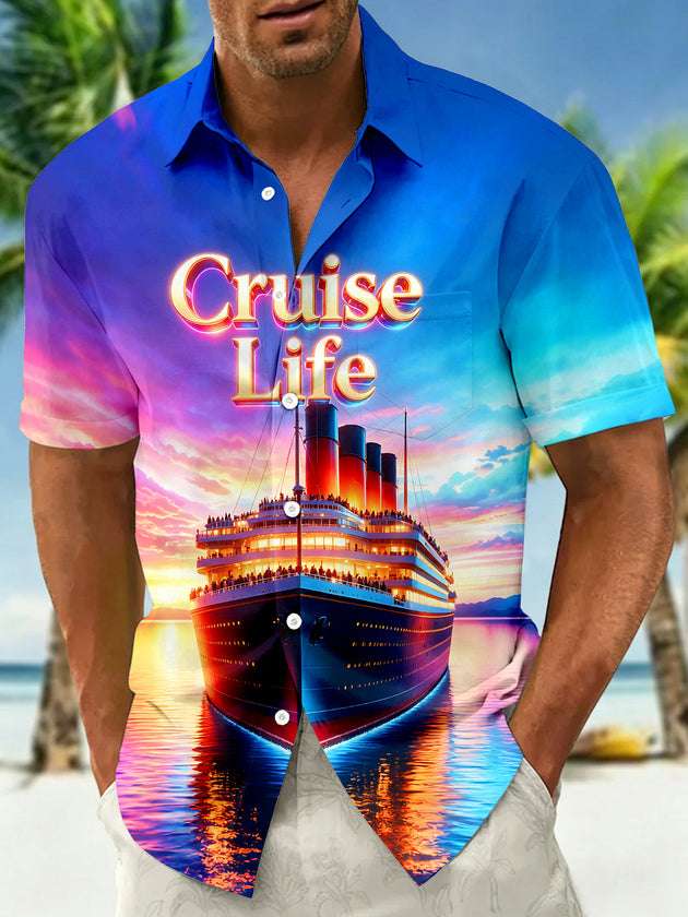 Hawaiian Colorful Gradient Cruise Life Sunset Liner Men's Pocket Short Sleeve Shirts