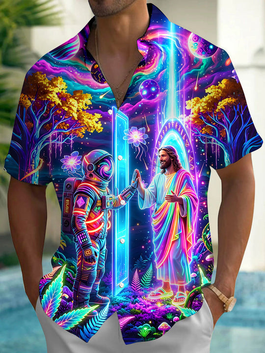 Neon Cosmic Astronaut High Five With Jesus Psychedelic Art Men's Pocket Short Sleeve Shirts