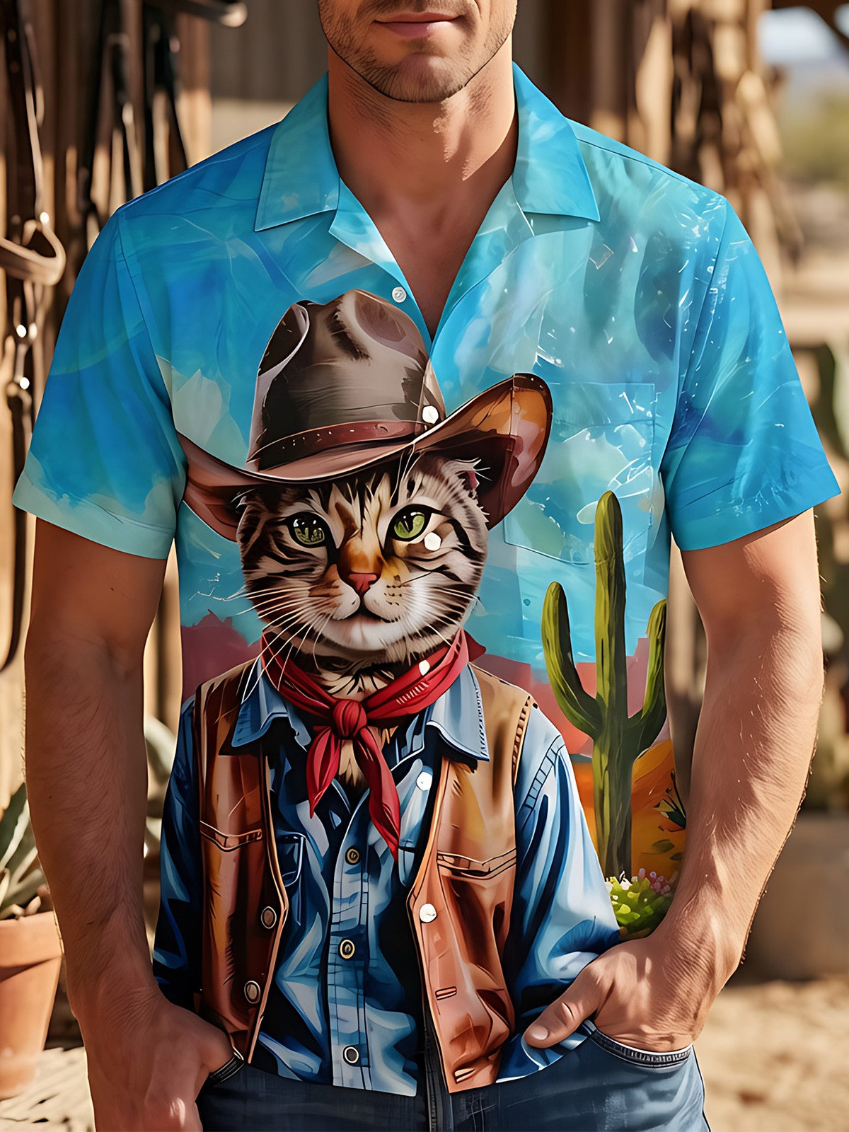 Fun Western Cowboy Cat Men's Pocket Short Sleeve Shirts