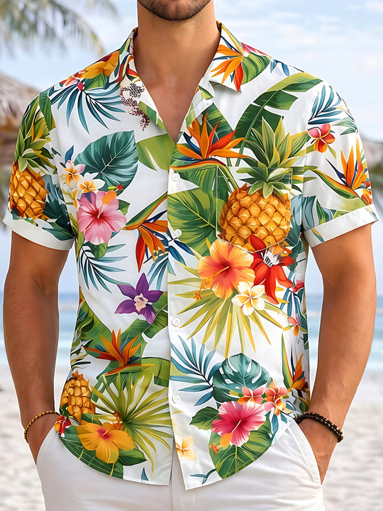 Hawaiian Tropical Pineapple Floral Leaves Men's Pocket Short Sleeve Shirts