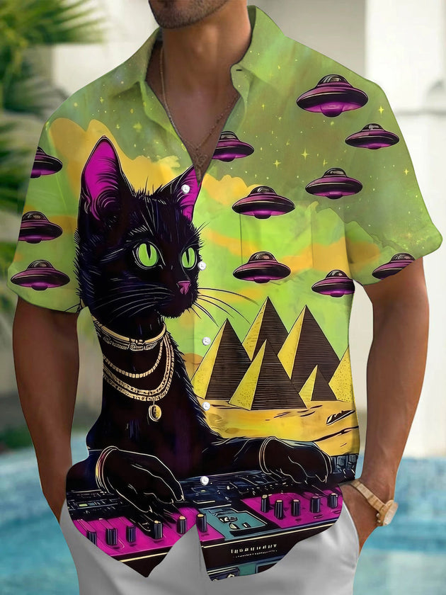 Vintage Green Night Sky Trendy Cat DJ Trend Men's Pocket Short Sleeve Shirts