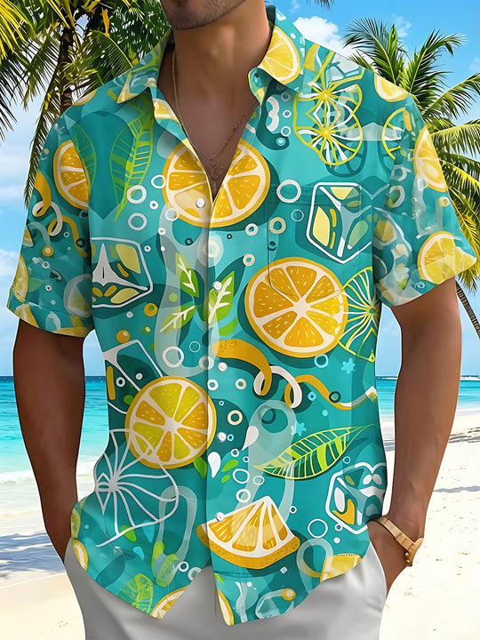 Hawaiian Fruit Fresh Lemon Summer Ice Drink Men's Pocket Short Sleeve Shirts