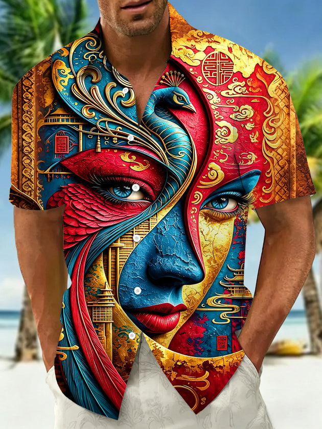 Art Abstract Peacock Human Face Men's Pocket Short Sleeve Shirts