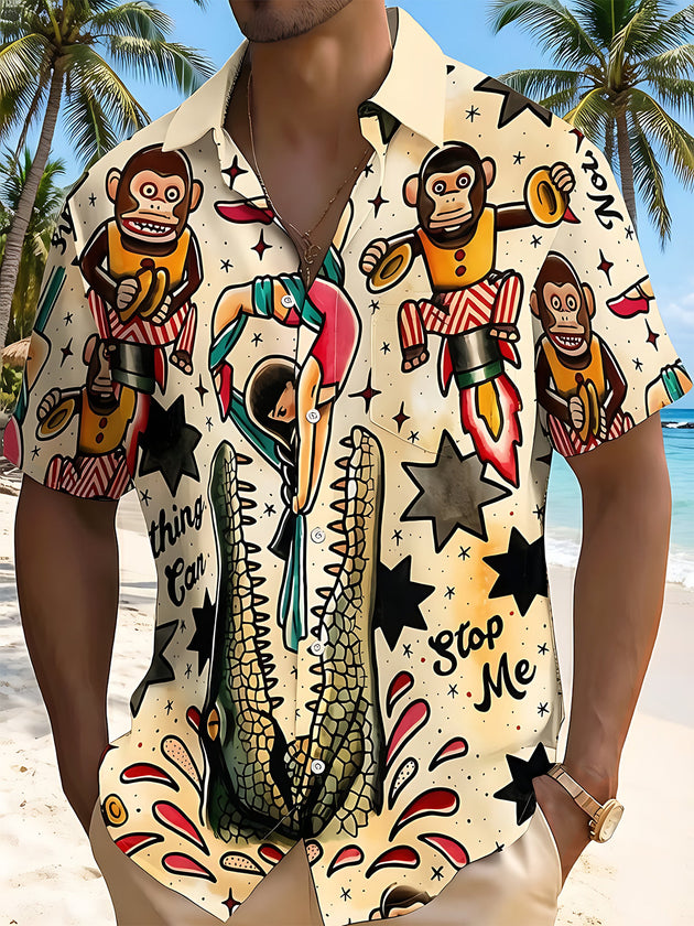 Fun Wacky Monkey Crocodile Circus Animal Graffiti Men's Pocket Short Sleeve Shirts