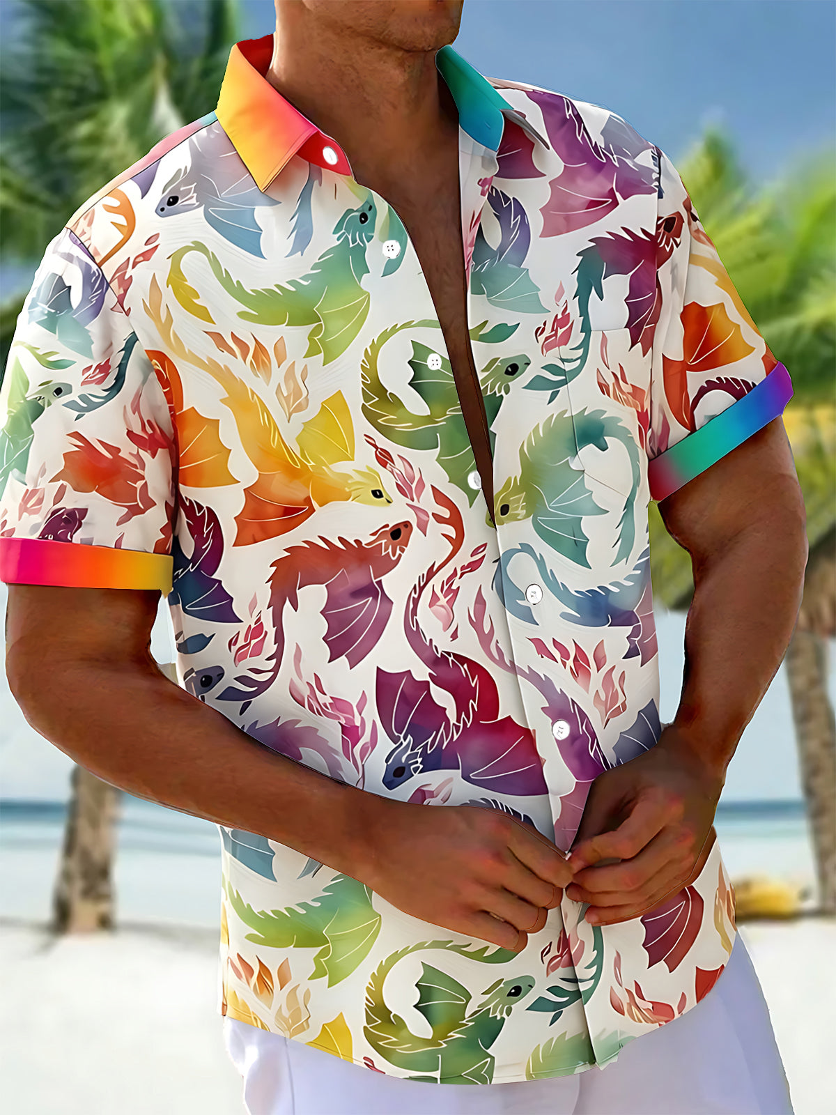 Hawaiian Gradient Colorful Dragon Men's Pocket Short Sleeve Shirts