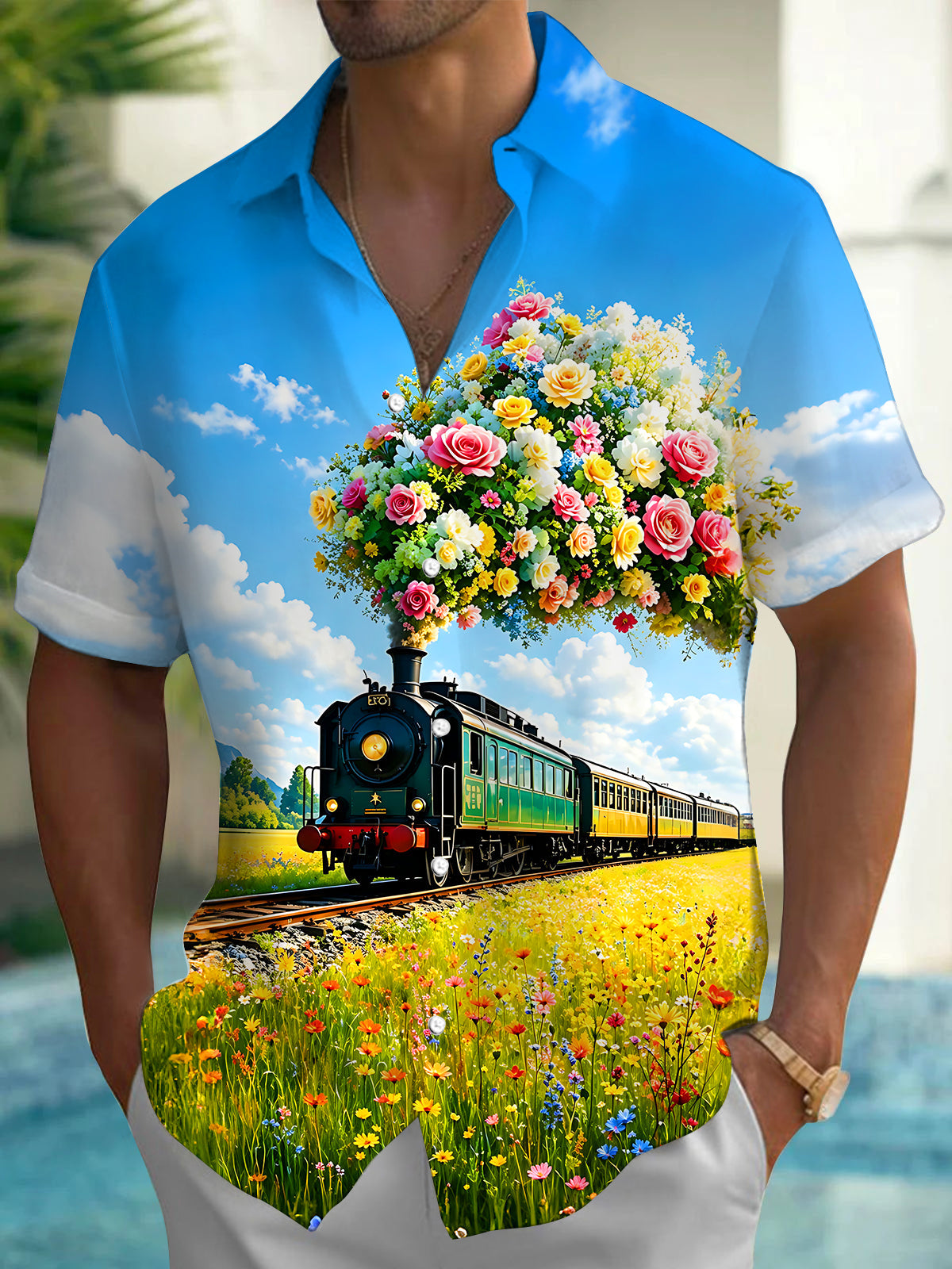 Flower Sea Fresh Flower Steam Train Men's Pocket Short Sleeve Shirts